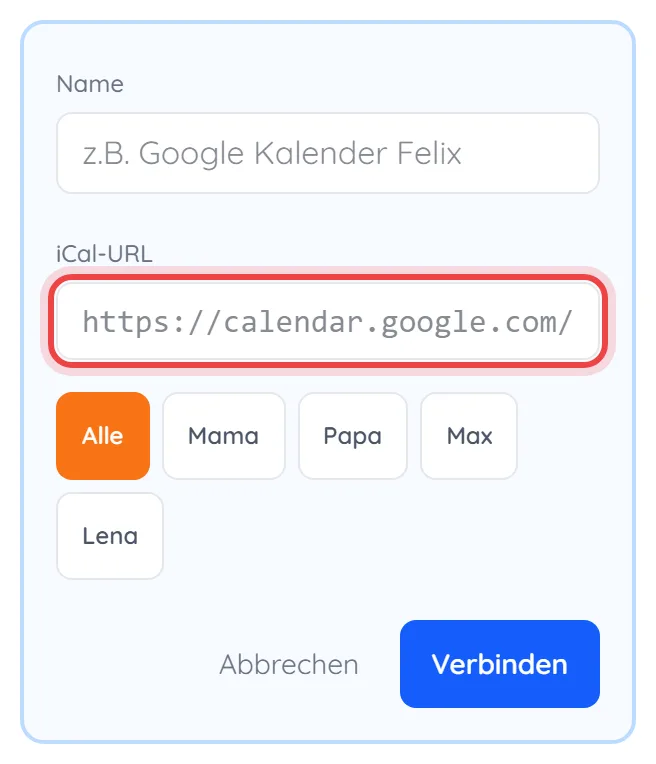 Formular „Kalender hinzufügen“ in WirLy, das Feld iCal-URL ist markiert