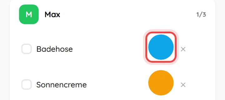 Packliste, der farbige Punkt neben „Badehose“ ist markiert
