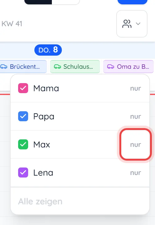 Geöffnete Personenliste, bei Max ist „nur“ markiert