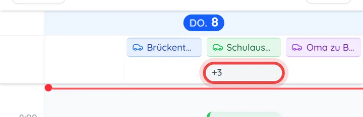 Ganztägige Termine im Kalender, darunter der markierte Chip „+3“
