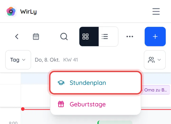Geöffnetes Menü mit den drei Punkten, „Stundenplan“ ist markiert