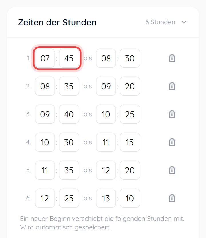 Aufgeklappte Zeiten der Stunden, das erste Zeitfeld ist markiert